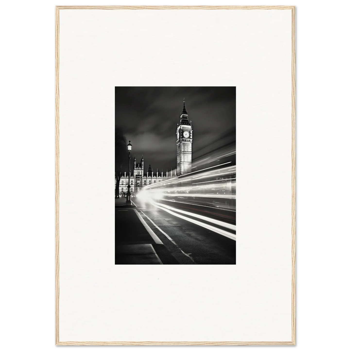 Black and white photo of Big Ben with light trails for special edition art™