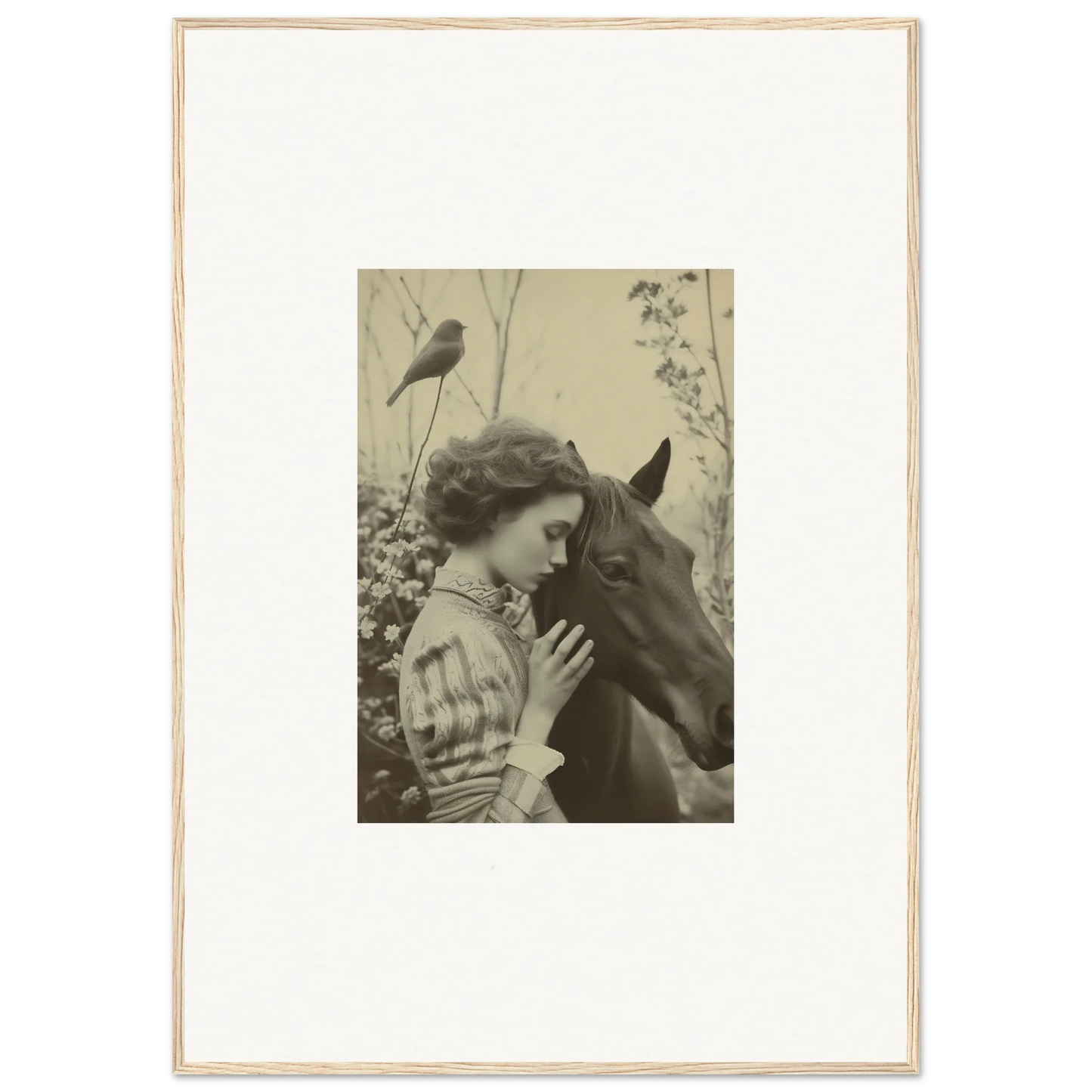 Vintage photograph of a woman hugging a horse, perfect wall art for room decoration