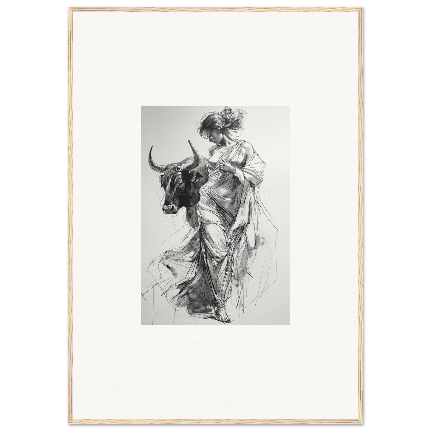 Black and white sketch of a robed figure with a bull in Splashing Gaze Melds art