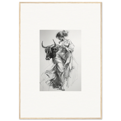 Black and white sketch of a robed figure with a bull in Splashing Gaze Melds art