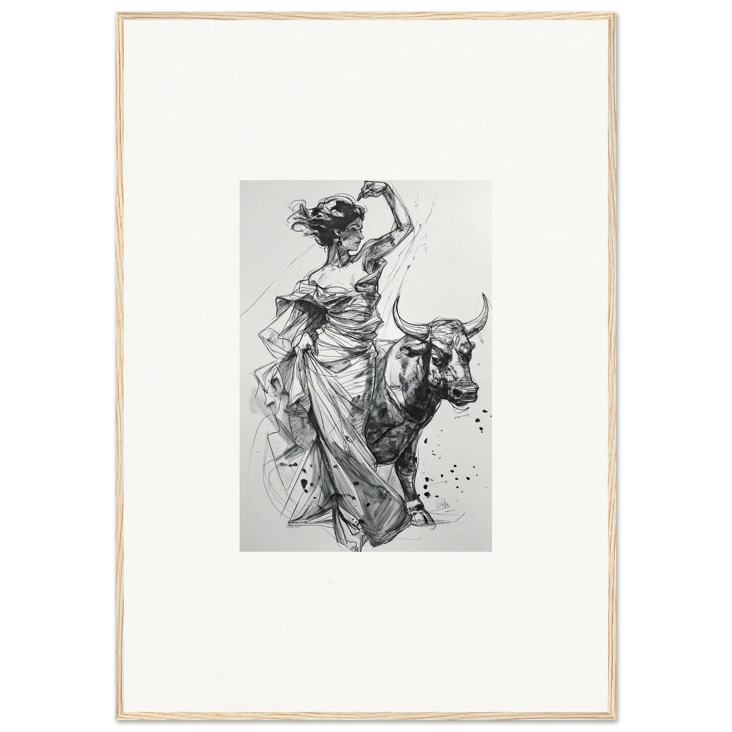 Dynamic black and white sketch of a figure in robes with a bull from Tauripe Mystique Visions