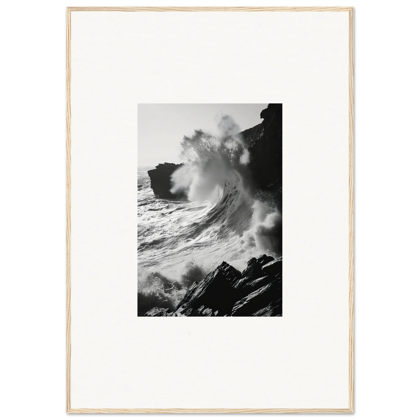 Ocean wave crashing on cliffs in Incandescent Wave Tribute premium framed wall art