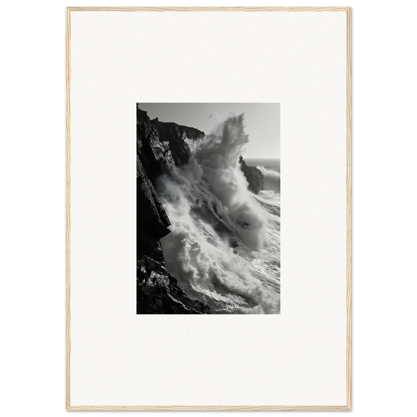 Powerful ocean wave crashing on rocky cliffs in Tempest Winks Reverie special edition art™