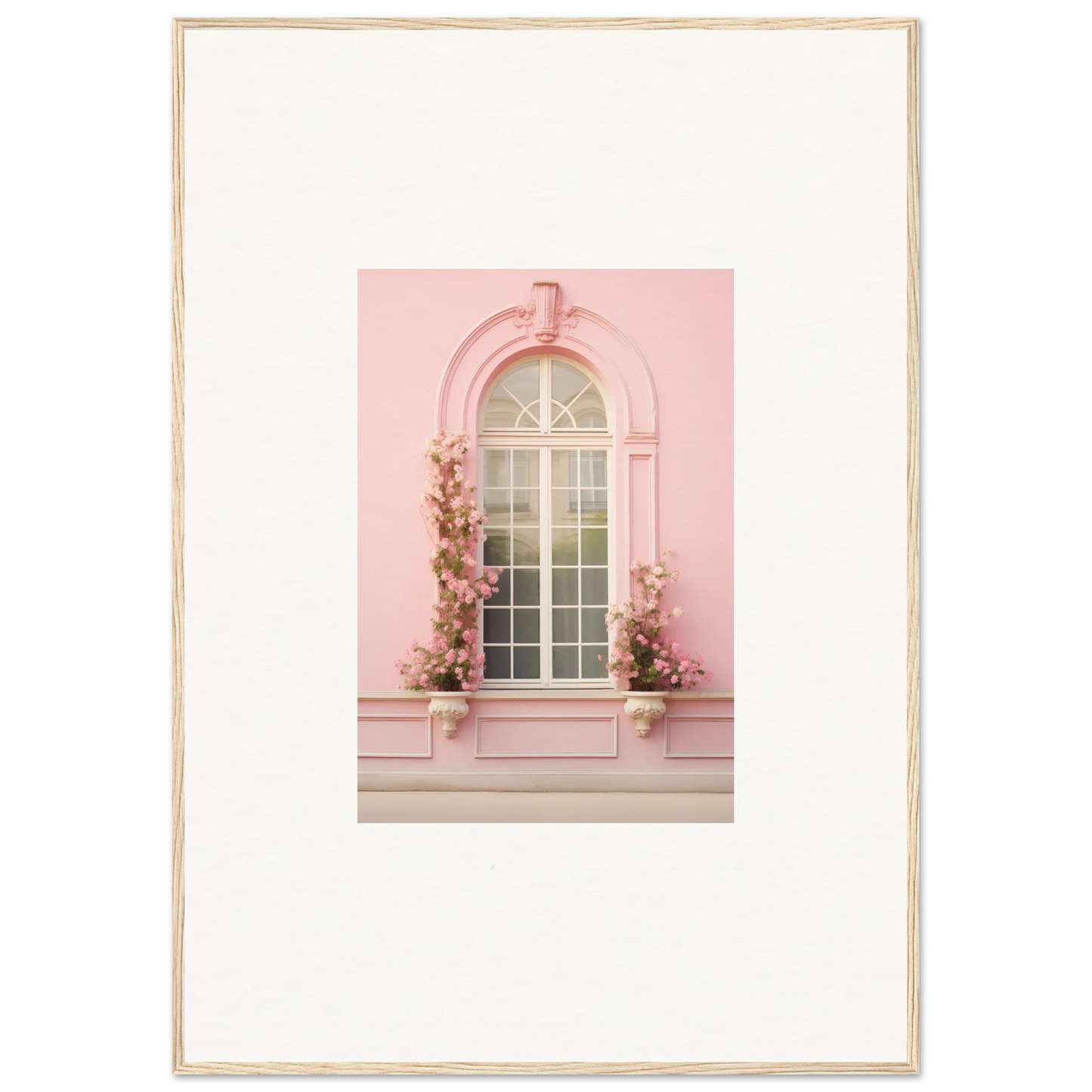 Arched pink window with climbing flowers showcasing Vitalose Rose Sonnet special edition art