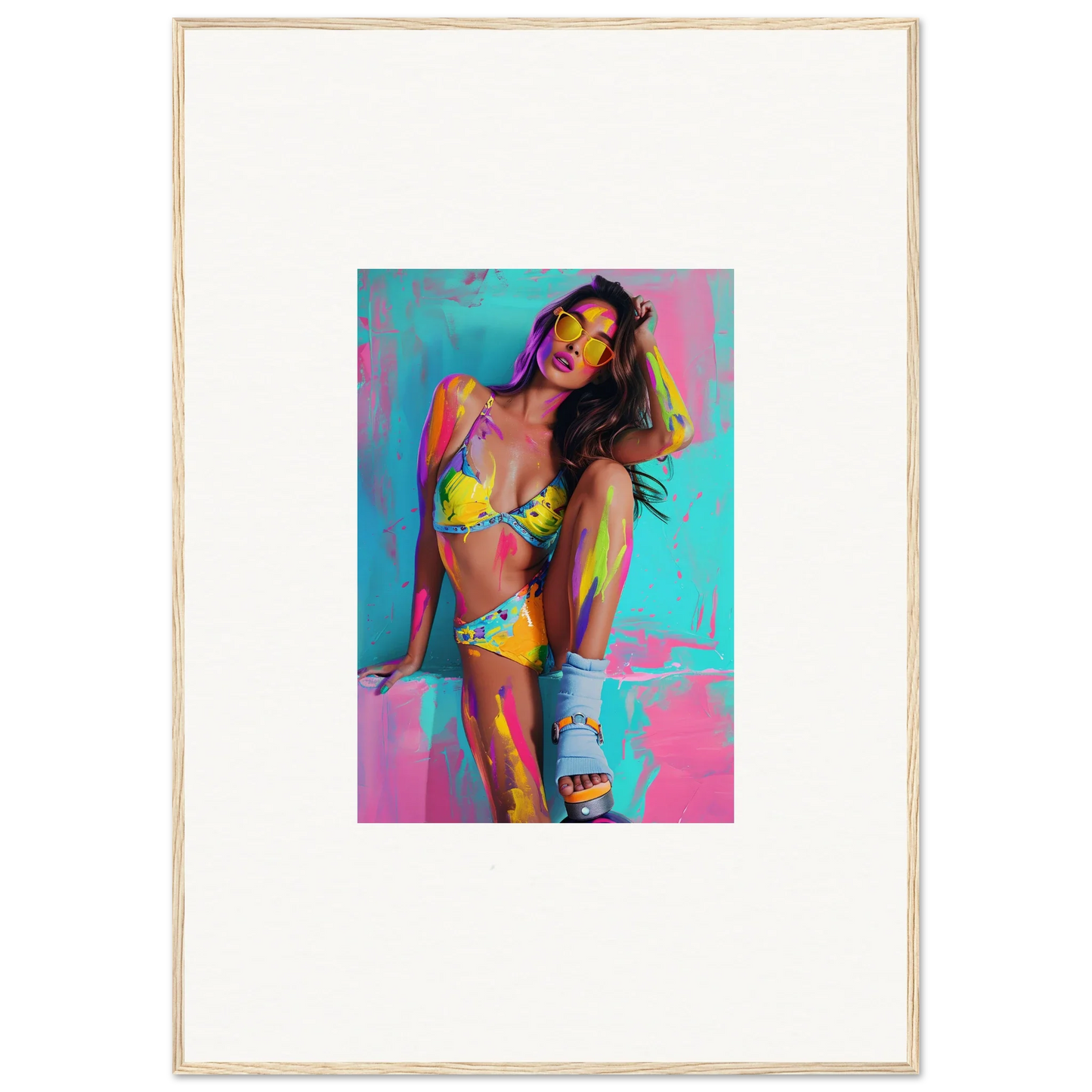 Colorful portrait of a woman in a yellow bikini, perfect for vibrant wall art