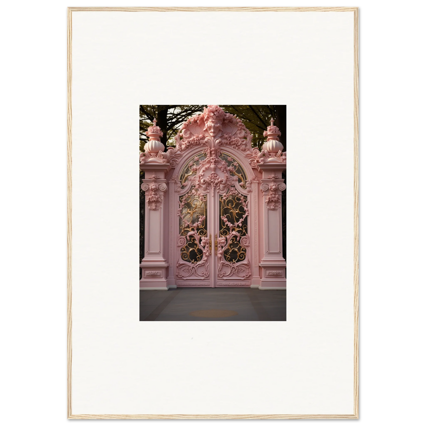 Ornate pink baroque gates showcasing floral scrollwork in opulent doorscape divinity