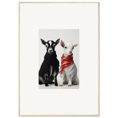 Two goats, one black and one white with a red bandana, in Rainbow Twin Dreams art