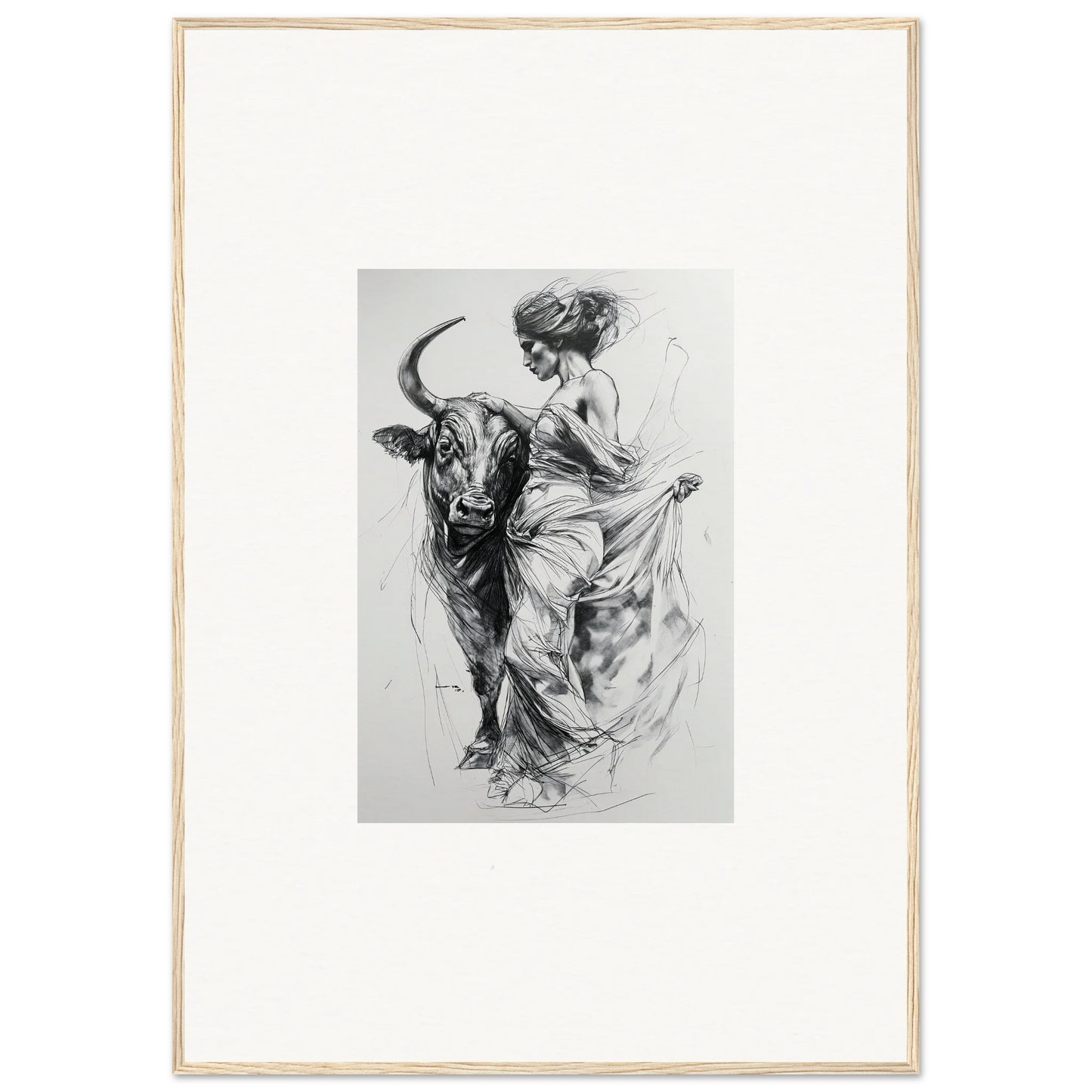 Black and white sketch of a bullfighter and bull in Marvelous Taurine Serenade art™