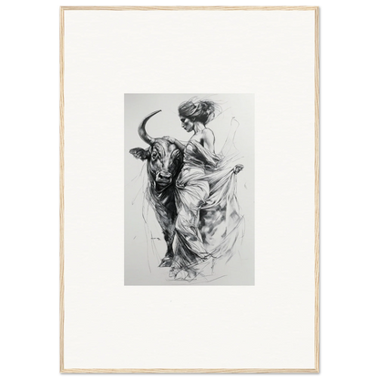 Black and white sketch of a bullfighter and bull in Marvelous Taurine Serenade art™