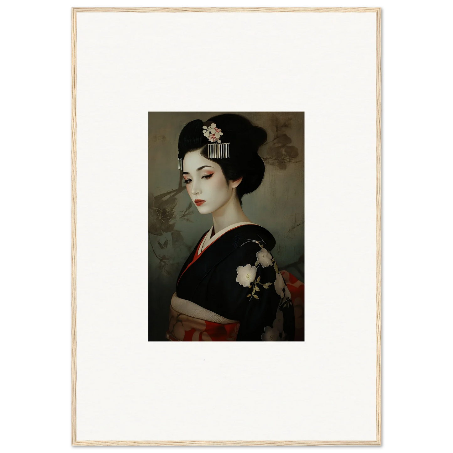 Geisha in black floral kimono, part of Cherry Dream Surrealism framed wall art