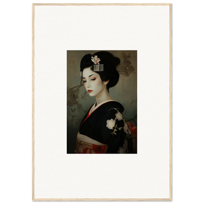 Geisha in black floral kimono, part of Cherry Dream Surrealism framed wall art