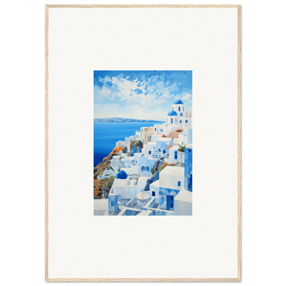 Framed watercolor painting of white and blue buildings in Santorini for special edition art™