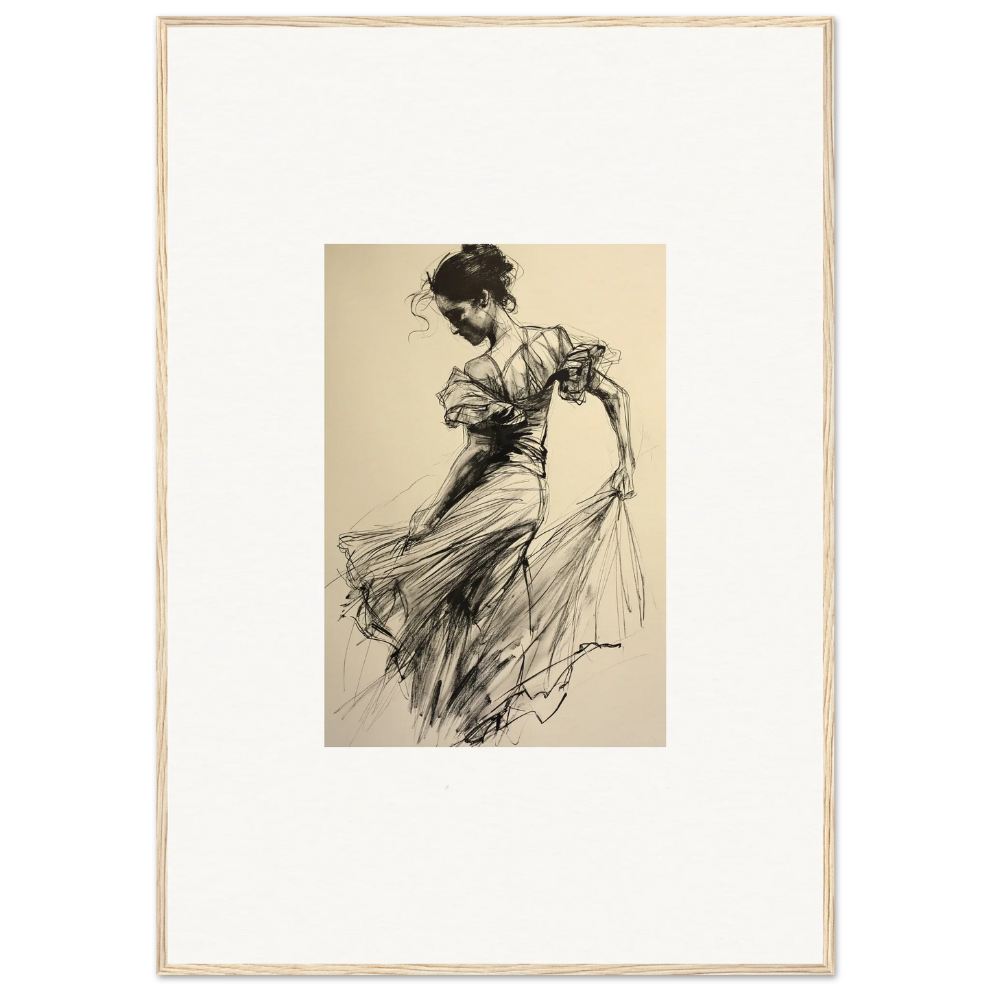 Elegant sketch of a woman in dynamic movement from Ethereal Pause Beneath framed wall art