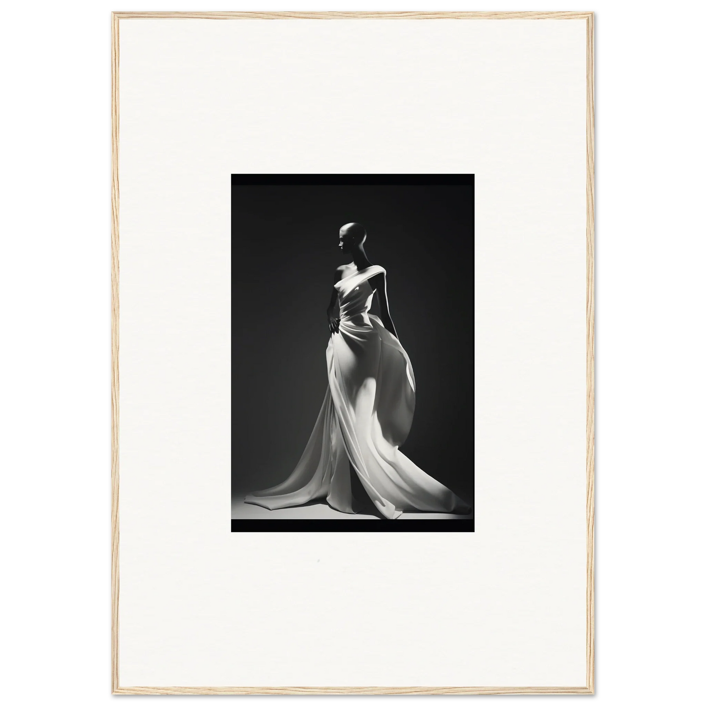 Elegant black and white photo of Gossamer Ivory Whispers evening gown draping