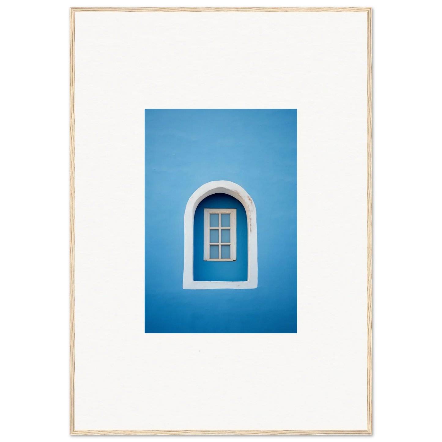 Arched white window on a blue wall featuring Whispers Sky Mosaic special edition art™