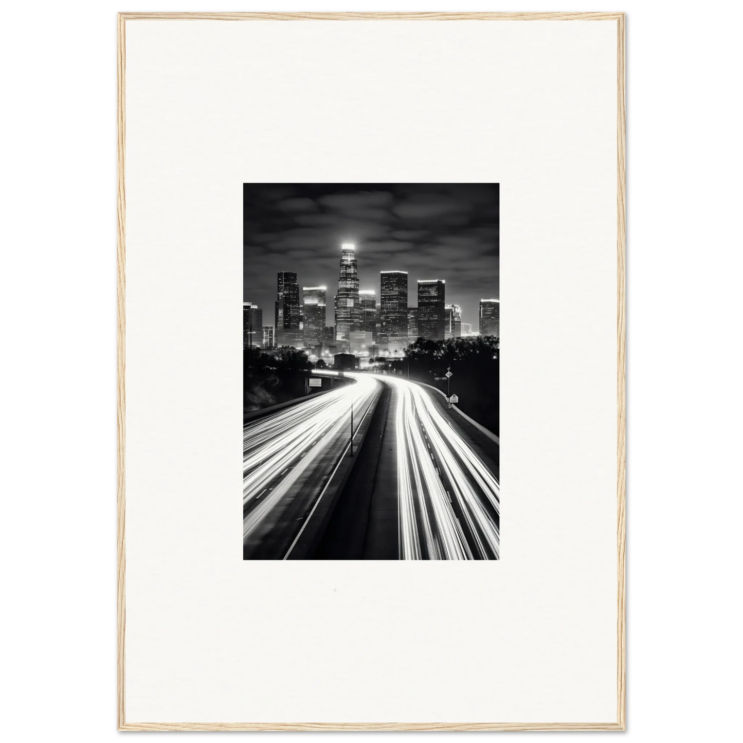 Black and white cityscape with light trails, perfect for framed wall art Streams through Steel