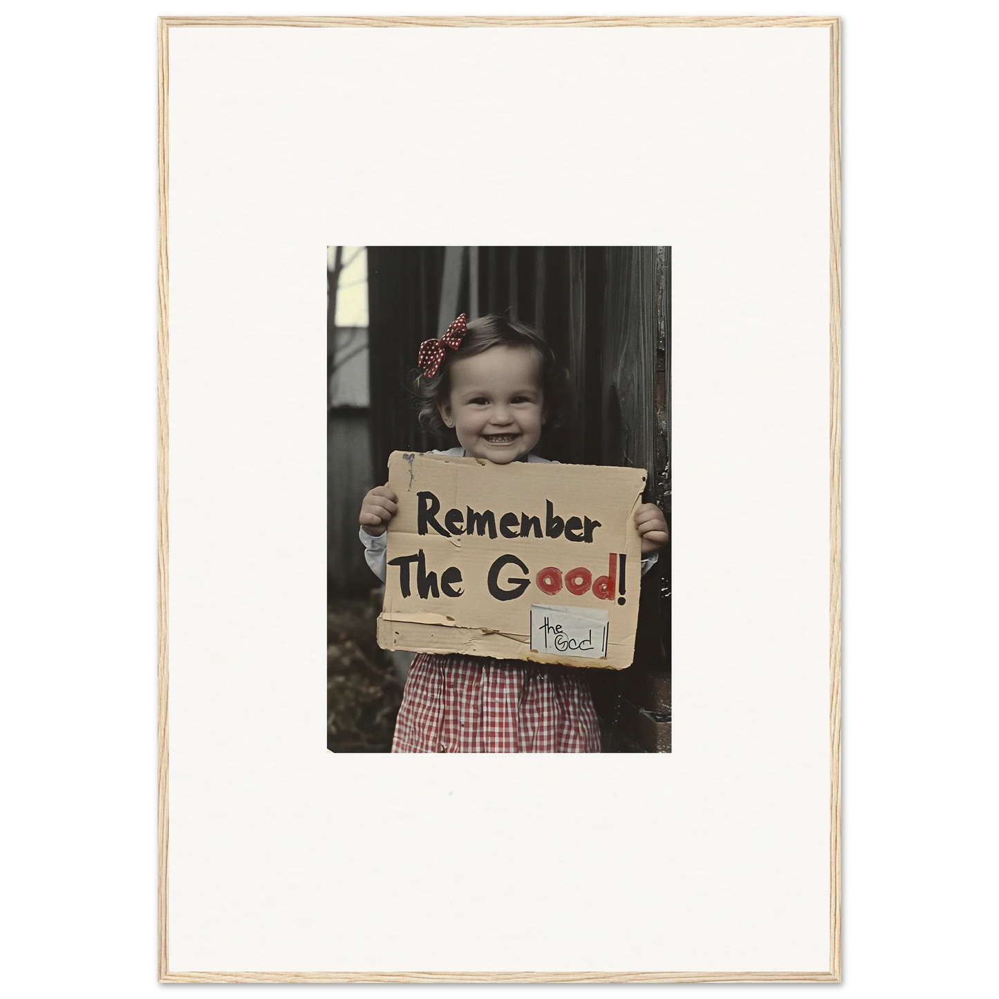 Child with a sign saying Remember The Good in Smiles Forlornly Singing premium framed wall art