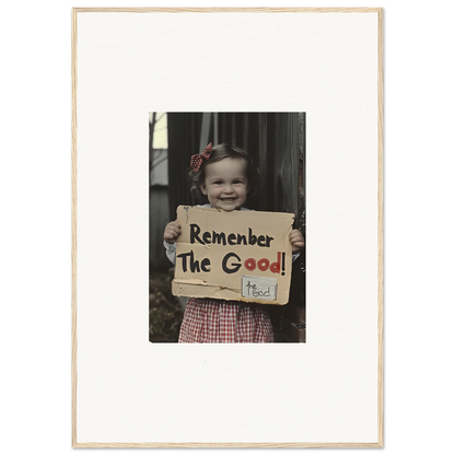 Child with a sign saying Remember The Good in Smiles Forlornly Singing premium framed wall art