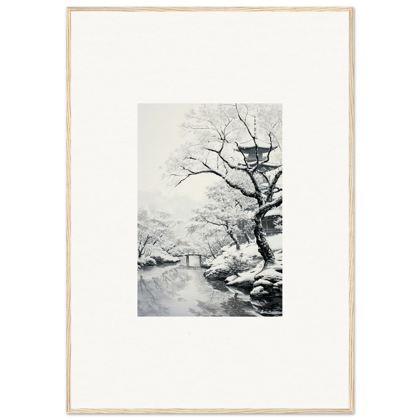 Black and white photo of a snowy landscape with trees, perfect for Chilled Lunar Embrace