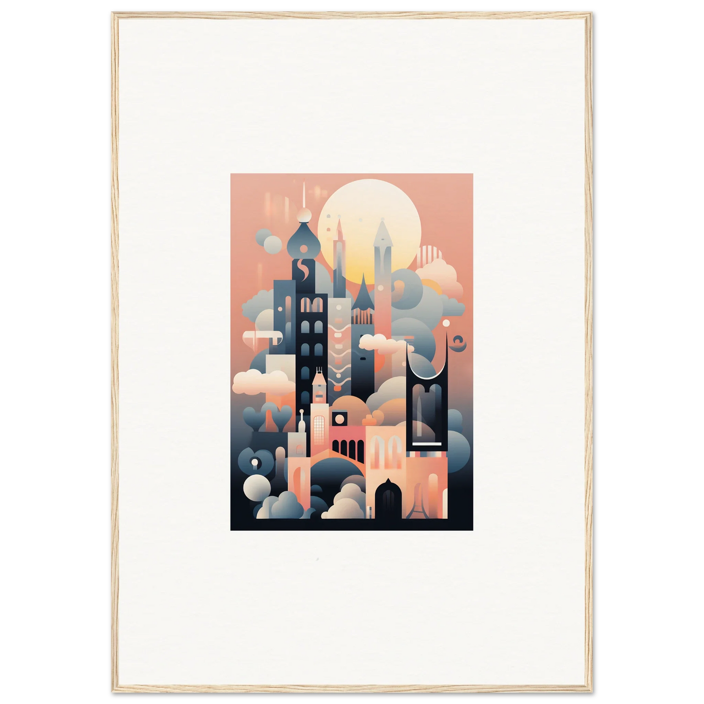 Stylized illustration of Ephemeral Castle Whispers in coral pink and blue hues