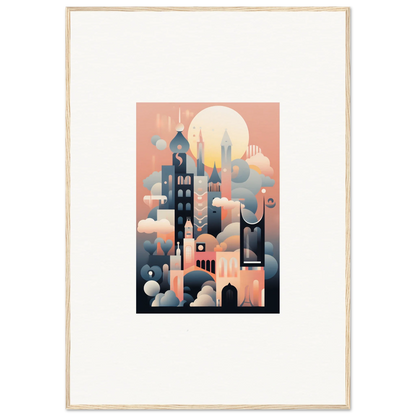 Stylized illustration of Ephemeral Castle Whispers in coral pink and blue hues