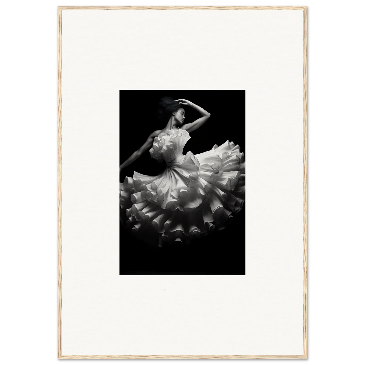 Dancer in a ruffled dress in black and white for Nocturnal Flourishbyen art™