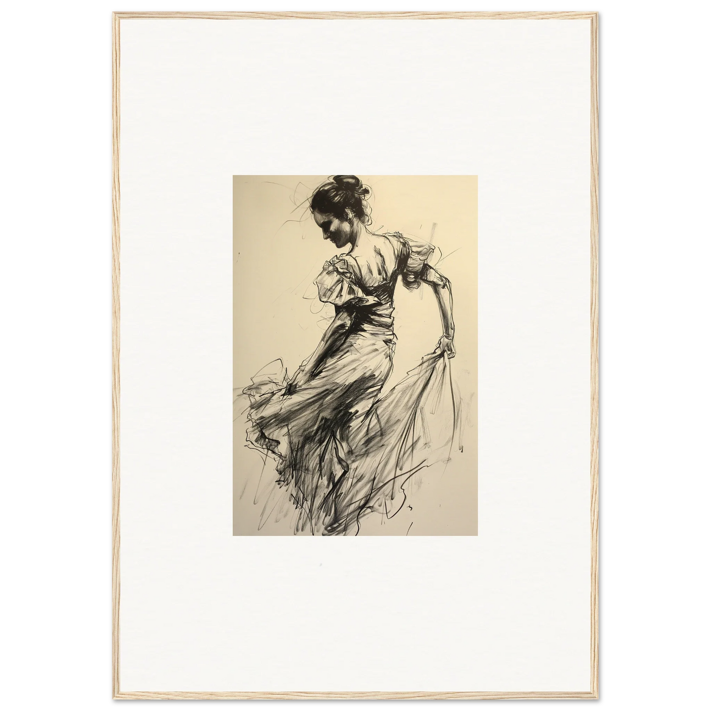 Elegant sketch of a woman in motion for Gyroscopic Baudelo Bacon framed wall art