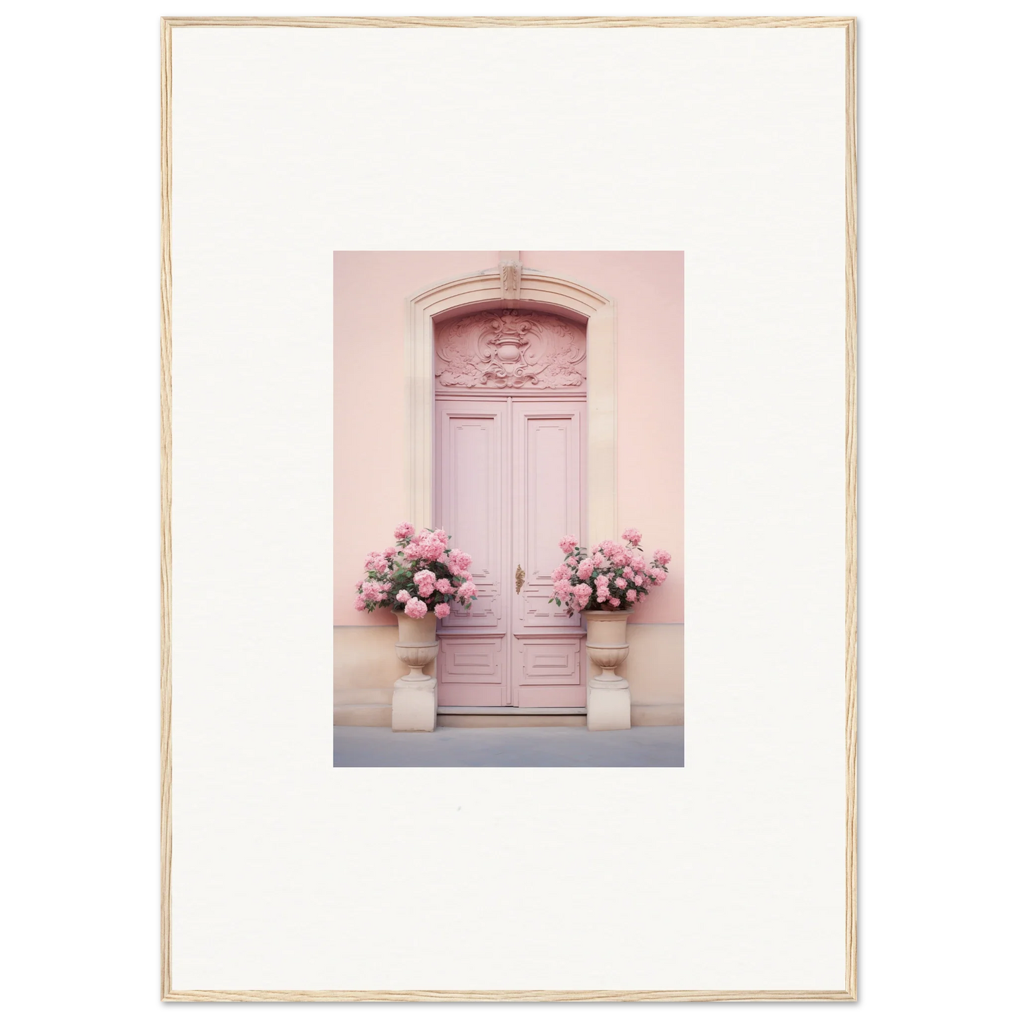 Pink wooden door with floral urns, part of the Rosy Cosmos Gateway art collection