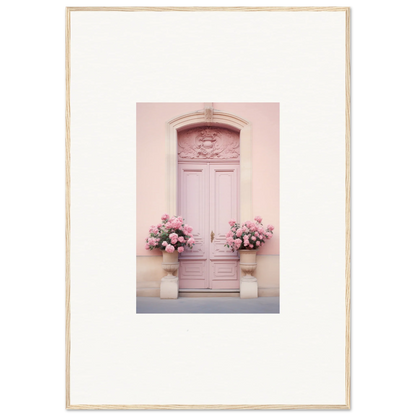 Pink wooden door with floral urns, part of the Rosy Cosmos Gateway art collection