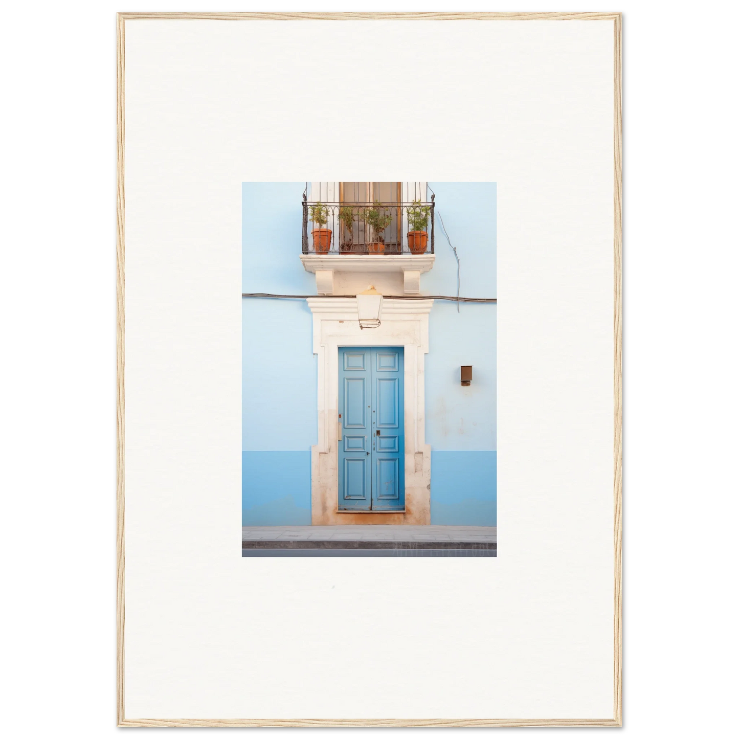 Light blue wooden door with white trim in Ethereal Azul Entrance framed wall art