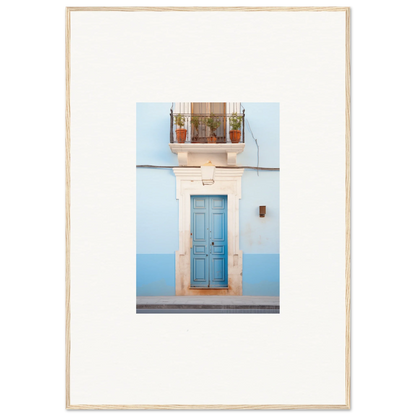 Light blue wooden door with white trim in Ethereal Azul Entrance framed wall art