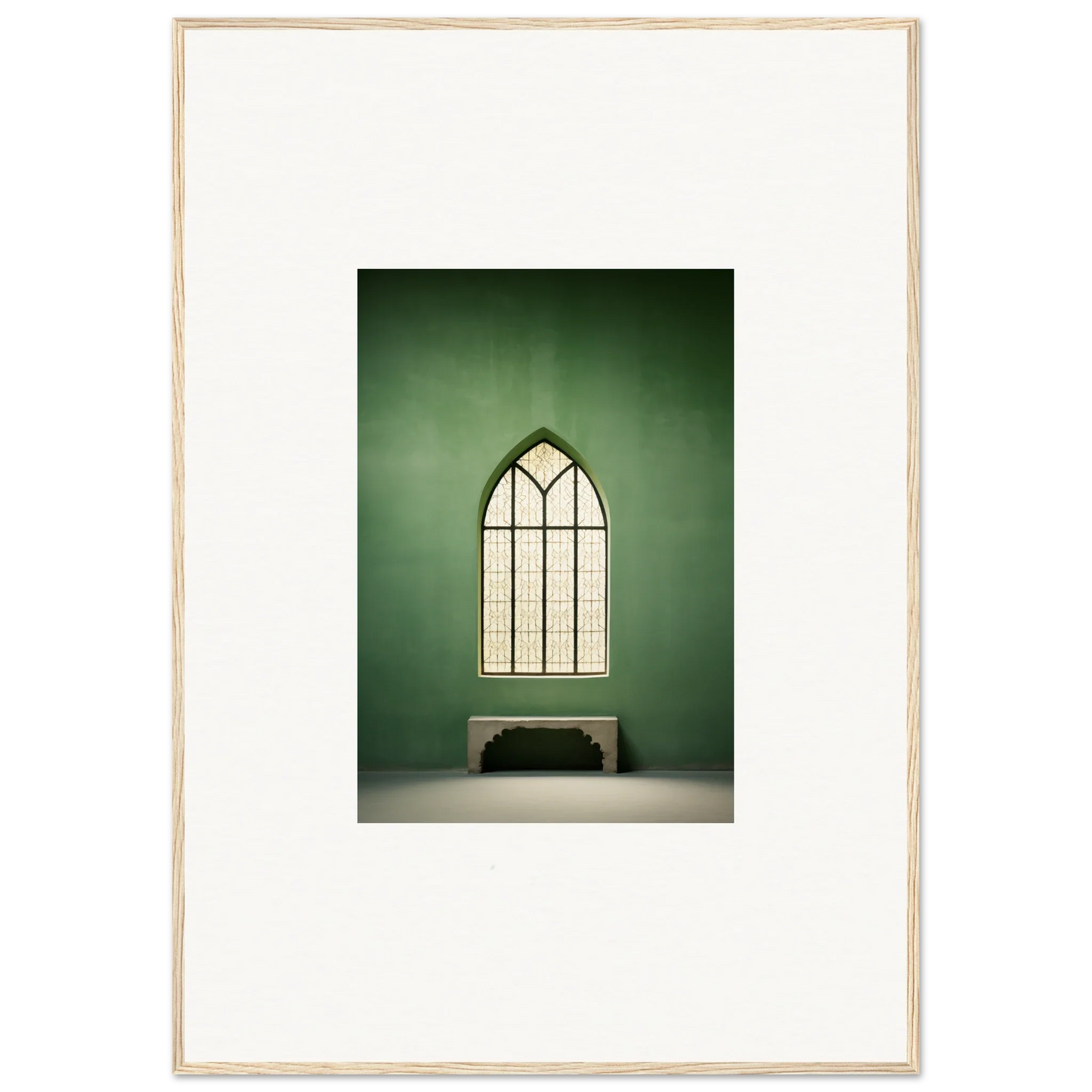 Gothic arched window with a bench below in Evermind Greenthaum special edition art™