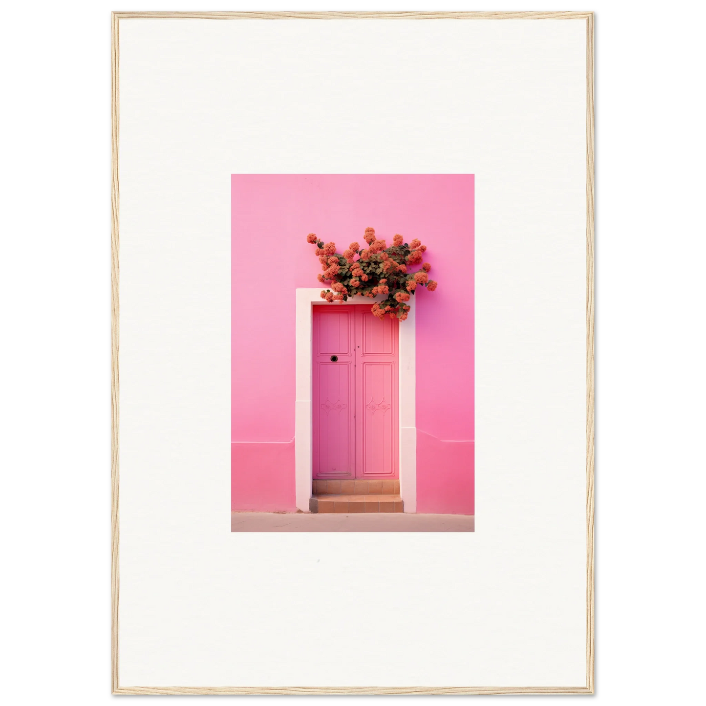 Pink door with red flowers for Quantum Pink Serenade framed wall art