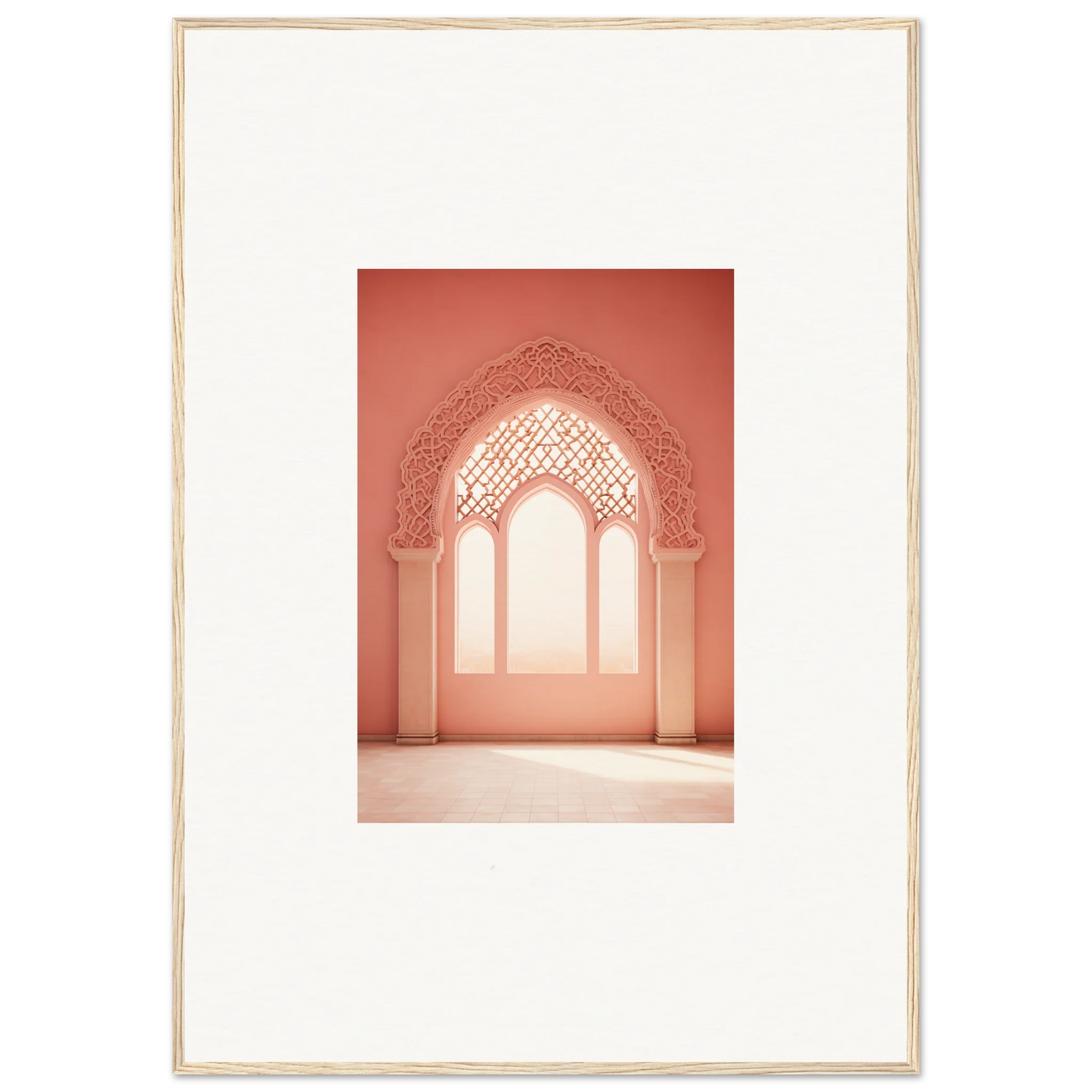 Ornate arched doorway with Moorish patterns in coral pink from Versaille Sunset Reimagined