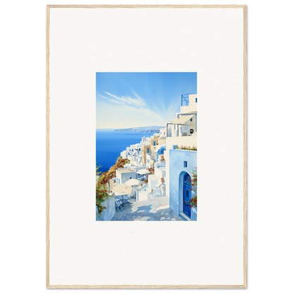 Framed art of Santorini’s white buildings and blue domes in Mediterranean Serenity Remastered