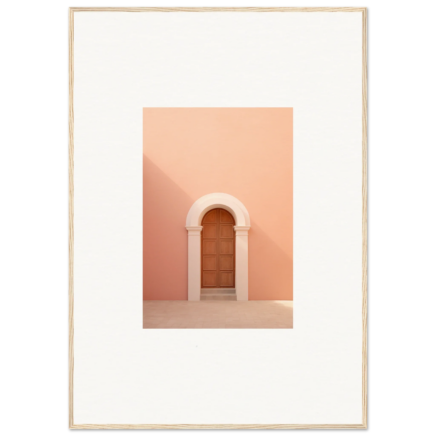 Wooden door in a curved arch against a peachy-pink wall from Silent Coral Dreams