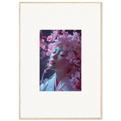 Framed wall art of pink cherry blossoms partly hiding a face, perfect for room decoration