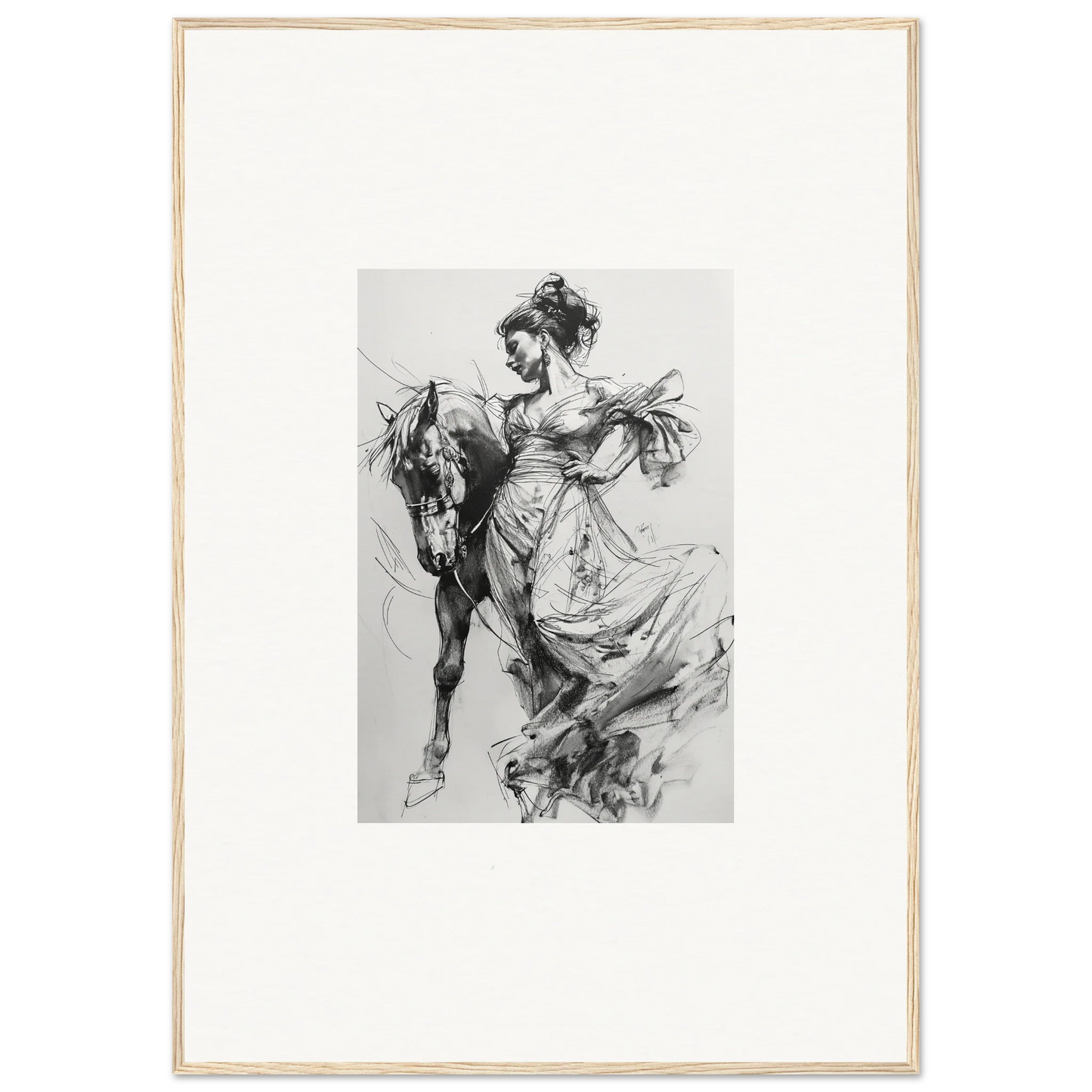 Black and white sketch of a person in flowing dress with a horse, Thoughts Unbridled Dance