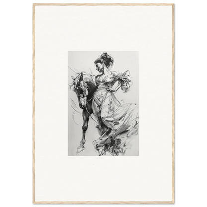 Black and white sketch of a person in flowing dress with a horse, Thoughts Unbridled Dance