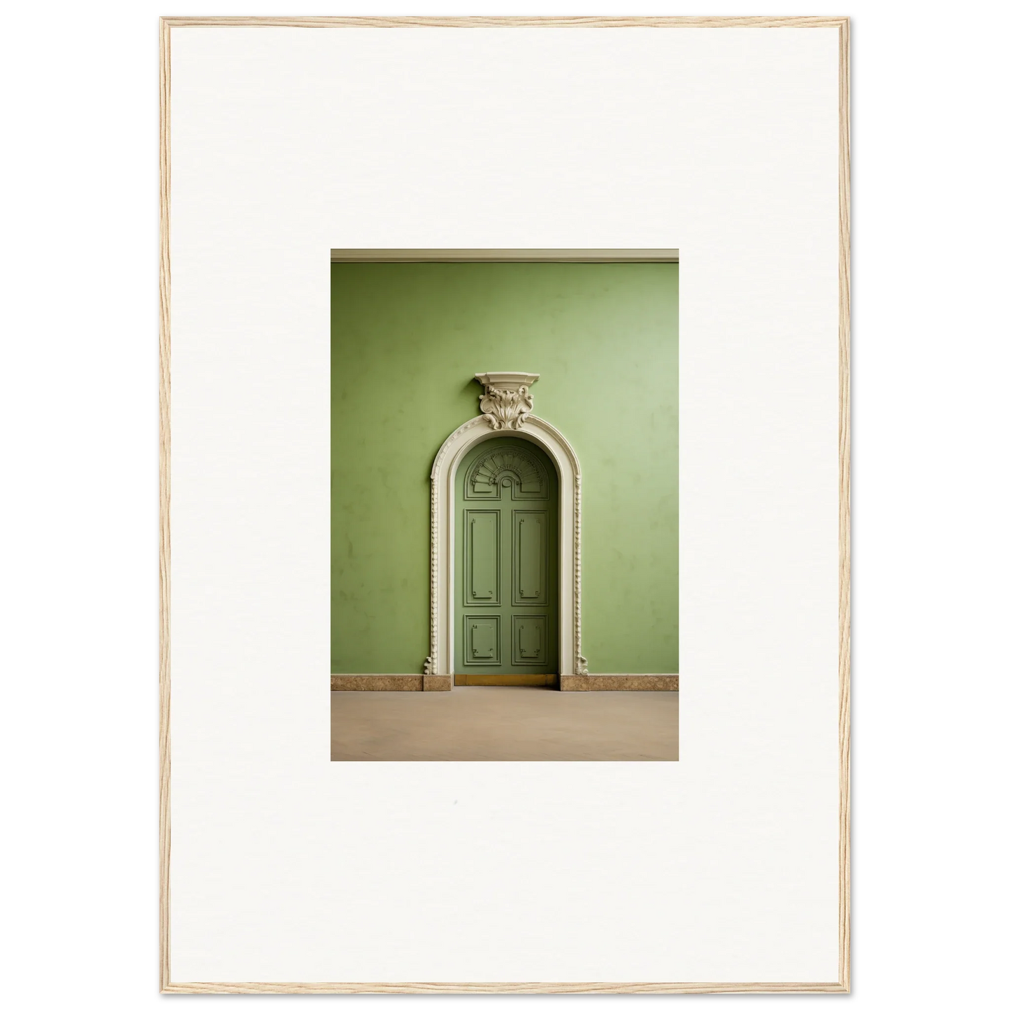 Ornate arched green door atop decorative molding in Verdant Illusion Sphere framed wall art