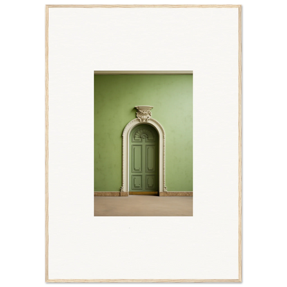 Ornate arched green door atop decorative molding in Verdant Illusion Sphere framed wall art