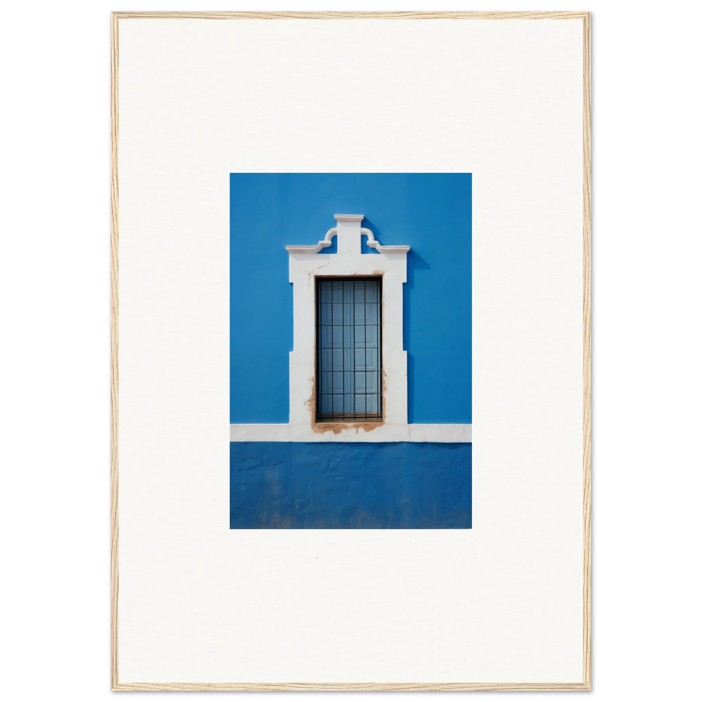 Ornate white-framed window with metal bars on a blue wall in Liquid Azure Quest special edition art™