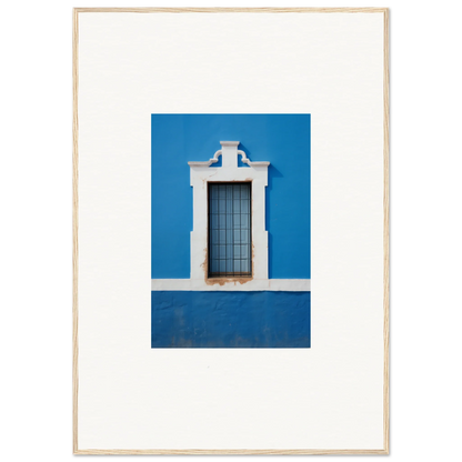 Ornate white-framed window with metal bars on a blue wall in Liquid Azure Quest special edition art™