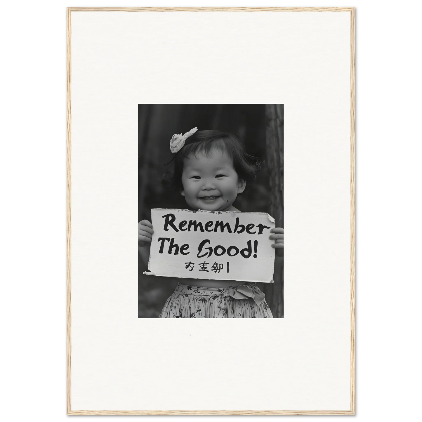 Black and white photo of a sign saying Remember The Good in Innocent Memory Echoes art