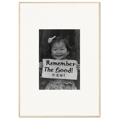 Black and white photo of a sign saying Remember The Good in Innocent Memory Echoes art