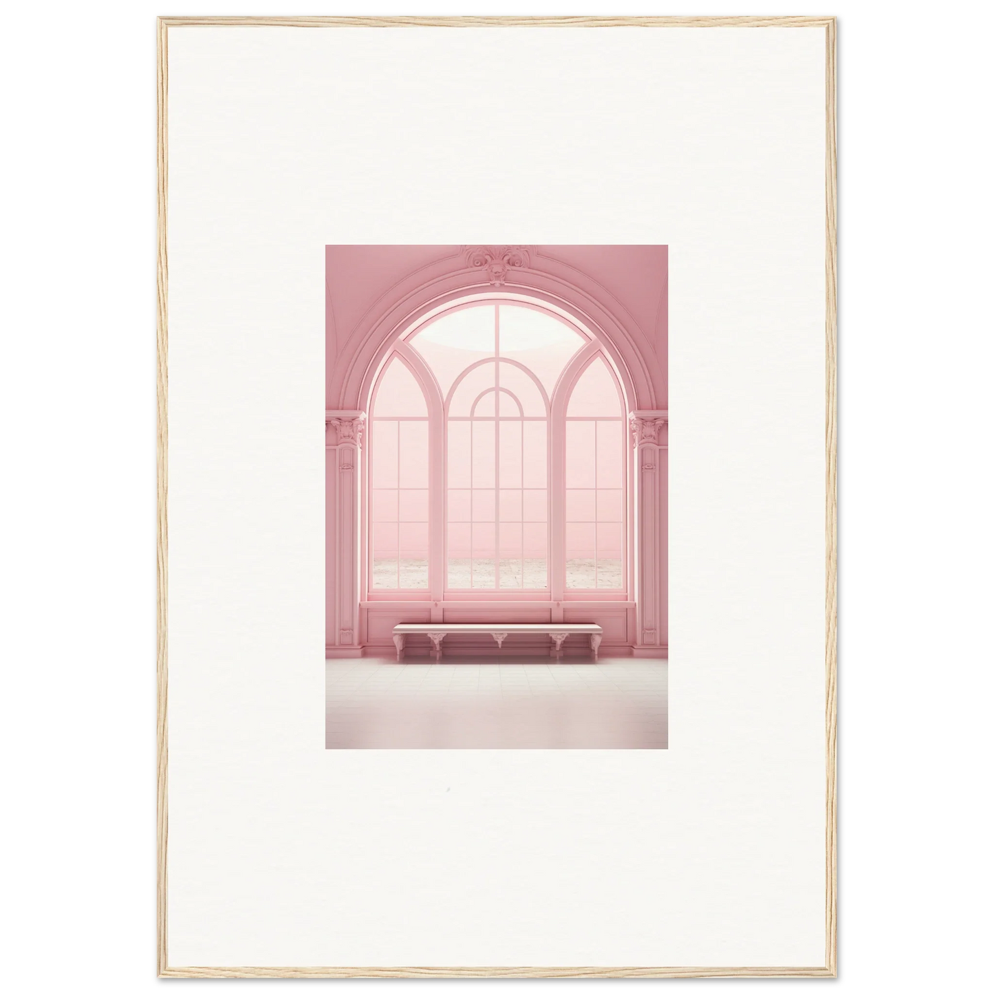 Elegant arched window with bench in soft pink for Solitude’s Rosy Asana art piece