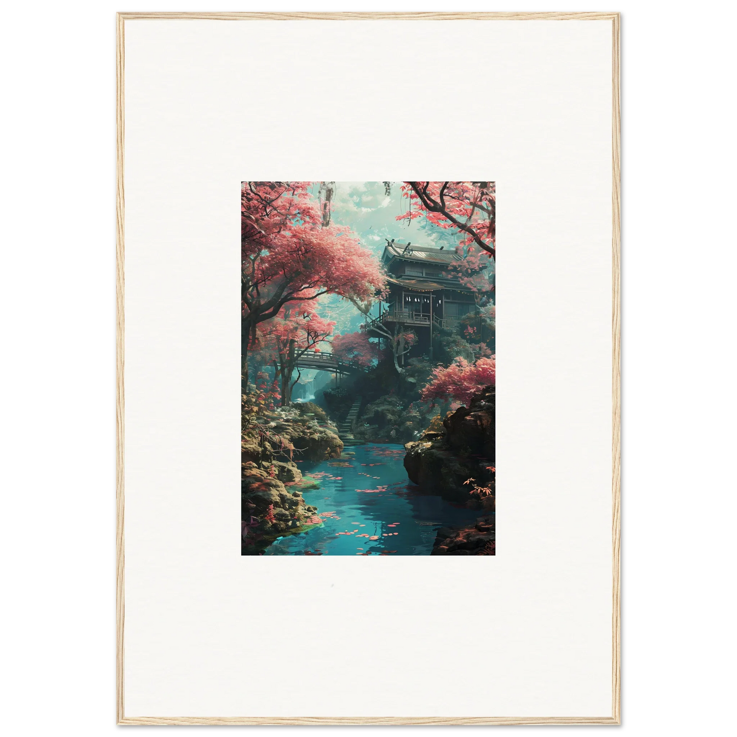 Traditional Japanese pagoda with pink cherry blossoms and turquoise water in Magenta Spirals Oscillate framed wall art