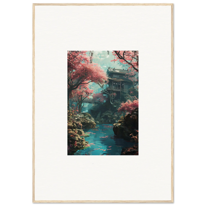 Traditional Japanese pagoda with pink cherry blossoms and turquoise water in Magenta Spirals Oscillate framed wall art