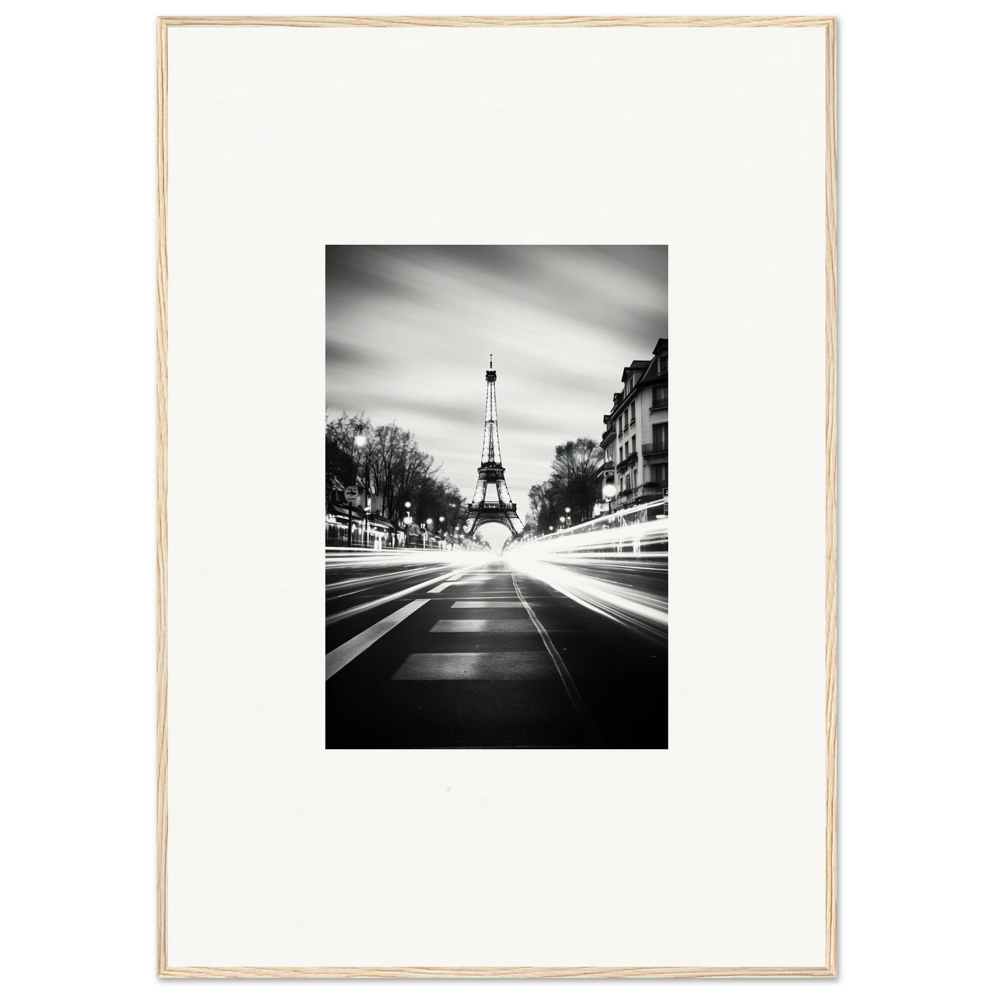 Black and white Eiffel Tower street view as framed wall art in Synth Wave Elysium