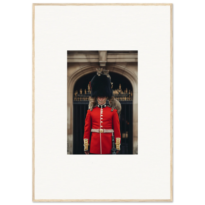 Queen’s Guard in red uniform and bearskin hat for Monarch’s Dreamaroos premium framed wall art